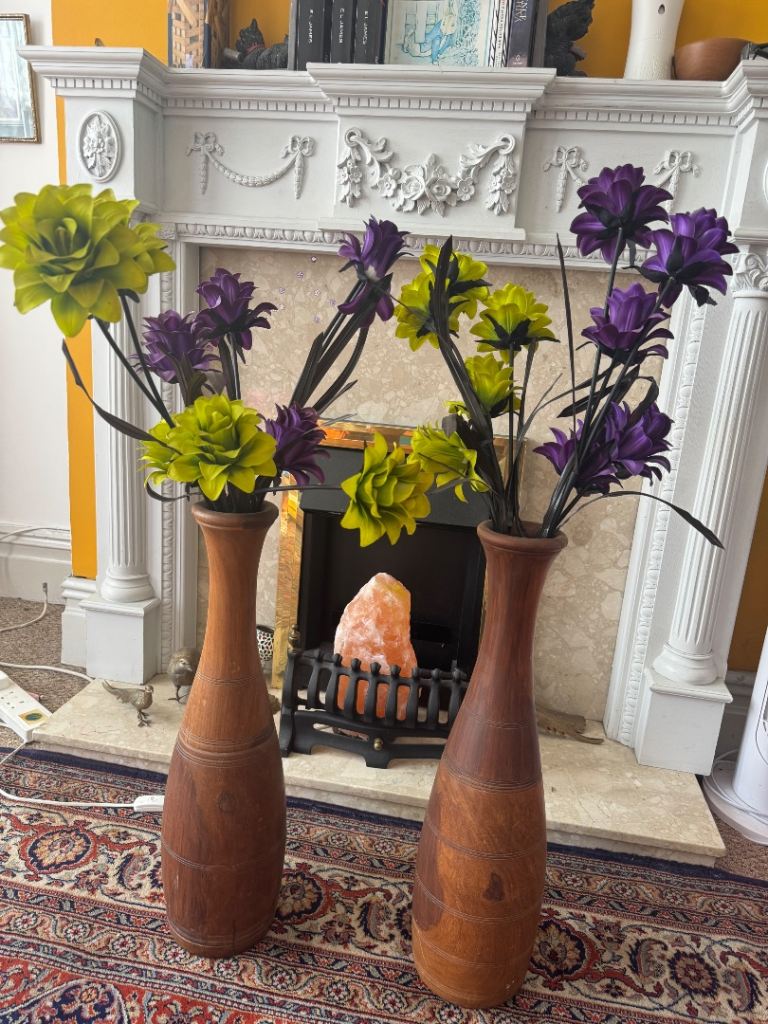 Pair of Wooden Vases with Artificial Flowers