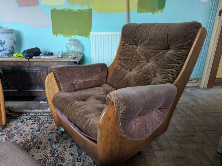 Two G Plan armchairs and footstool