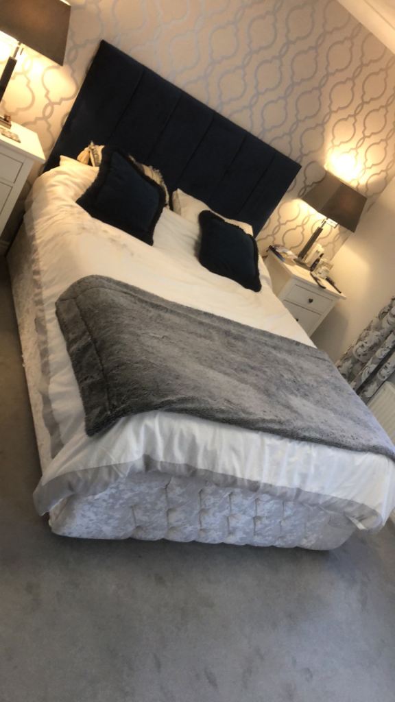 Beautiful bed base with Navy velvet head board 