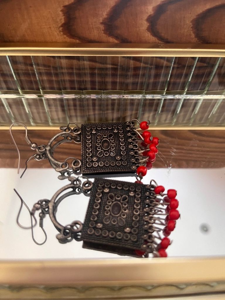 Silver-tone Earrings with Red Beads – Good Condition