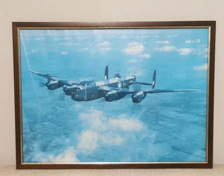 WW2 World War 2 Lancaster Bomber FRAMED PICTURE. Nice Condition 24 inches wide x 18 inches