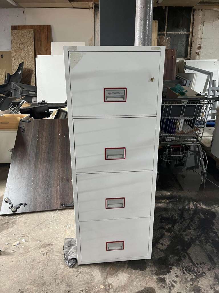 White Fire Proof Metal 4-Drawer Filing Cabinet – Good Condition