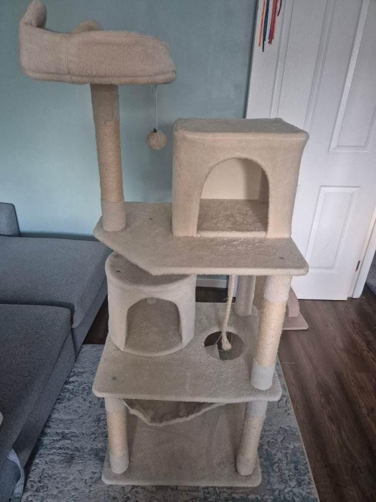 Large Cream Cat Tree Tower - Scratcher, Hammock, Hideaway & Top Perch