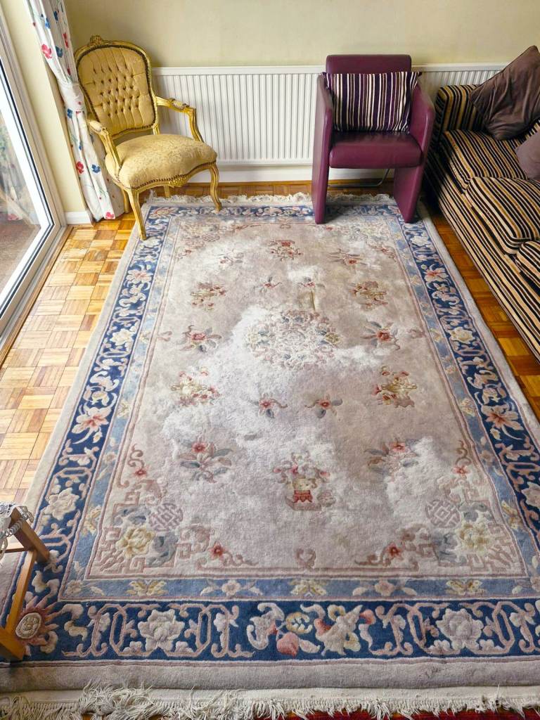 Vintage Large Hand Woven Oriental Rug Carpet 275x185cm Chinese Art Deco Wool Handmade Beige Cream