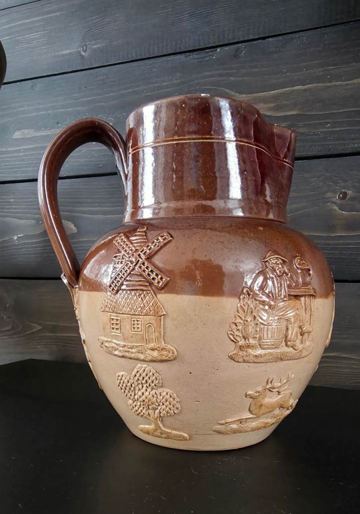 Doulton Lambeth Stoneware Jug – Hunting & Windmill Relief, c.1870–1890
