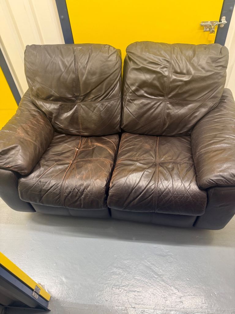 Free Brown Leather 2-Seater Sofa – Fair Condition