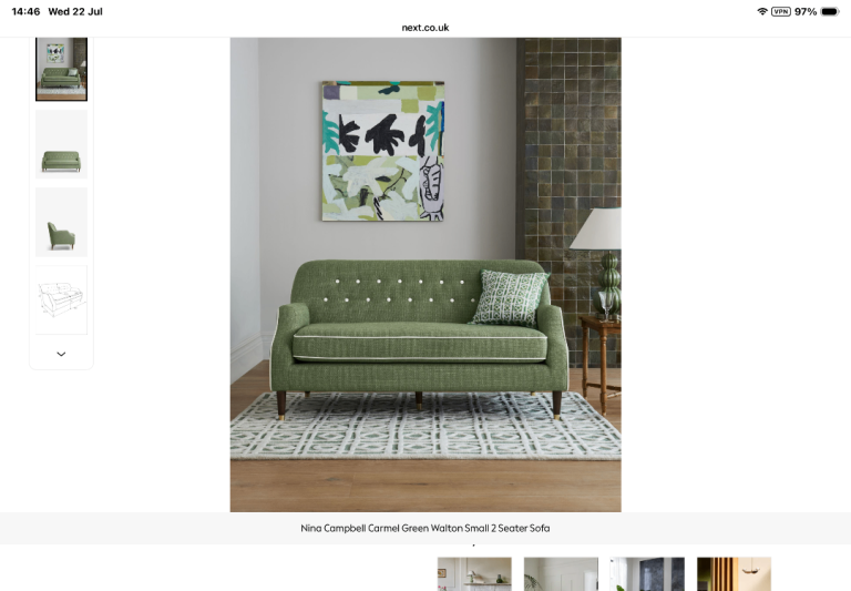 Nina Campbell for Next Walton Small 2 Seater Sofa – Green, Button Detail