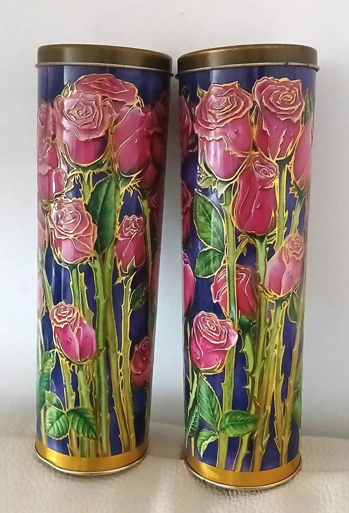 2 NEW UNUSUAL TALL METAL DECORATED BISCUIT TINS 25CMS TALL 