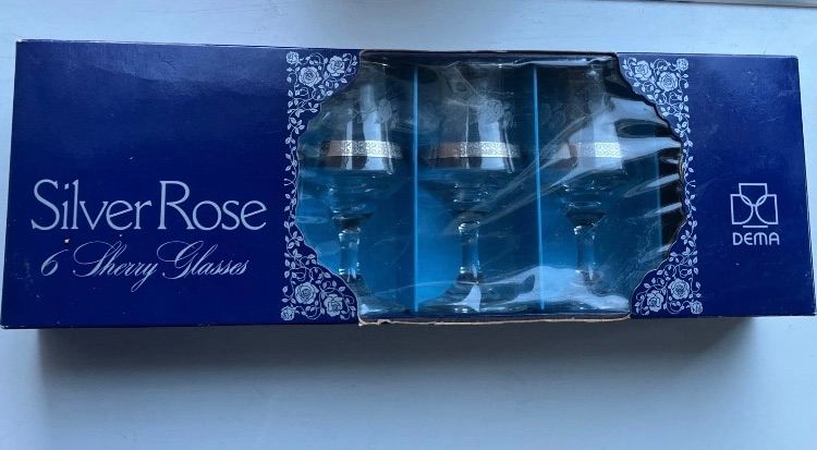 6 x Vintage Dema Sherry Glasses 1970's Silver Rose In Original box