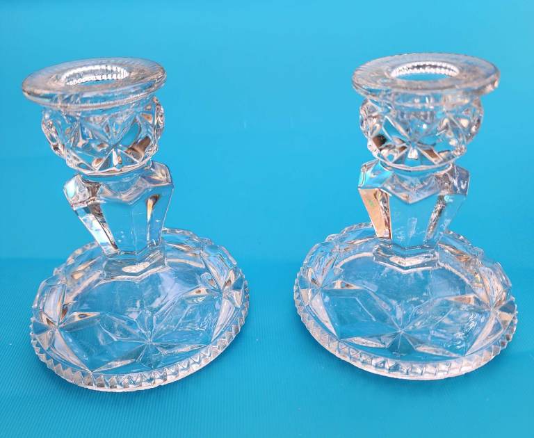 Pair of Vintage Clear Cut Glass Candlestick Holders