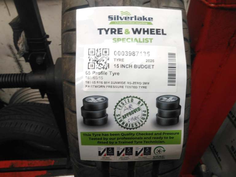185 65 R16 88h Sunwide Rs-Zero 5mm Partworn Pressure Tested Tyre