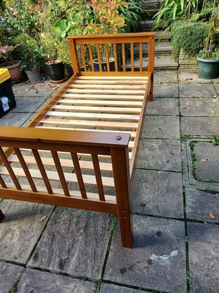 Single bed frame, solid pine wood, and unused mattress together, all complete, vgc