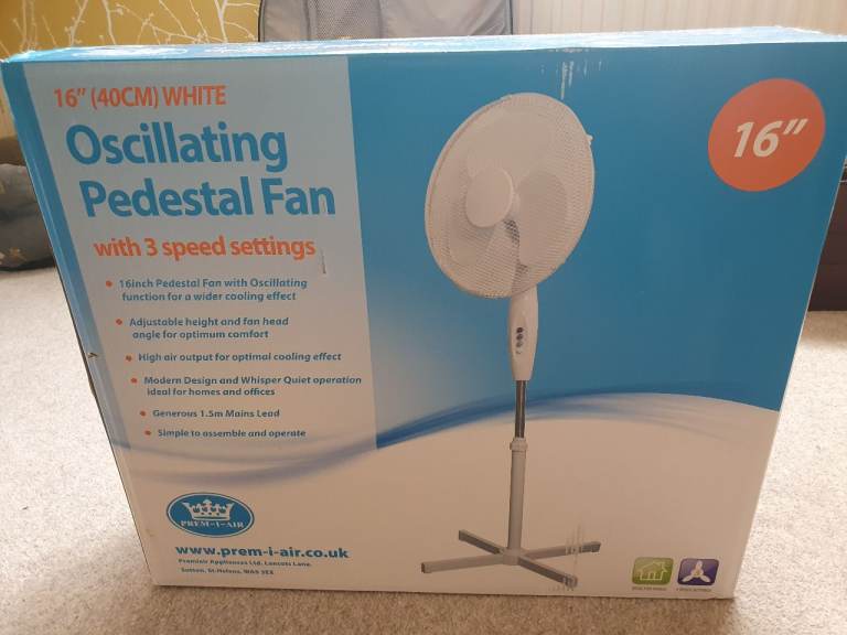 NEW Prem-I-Air 16" White Oscillating Pedestal Fan with 3 Speed Settings