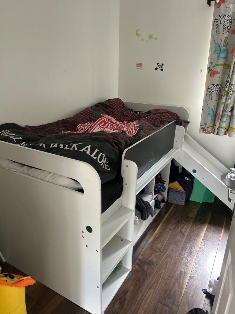 White Mid Sleeper Kids Bed with Slide and Storage