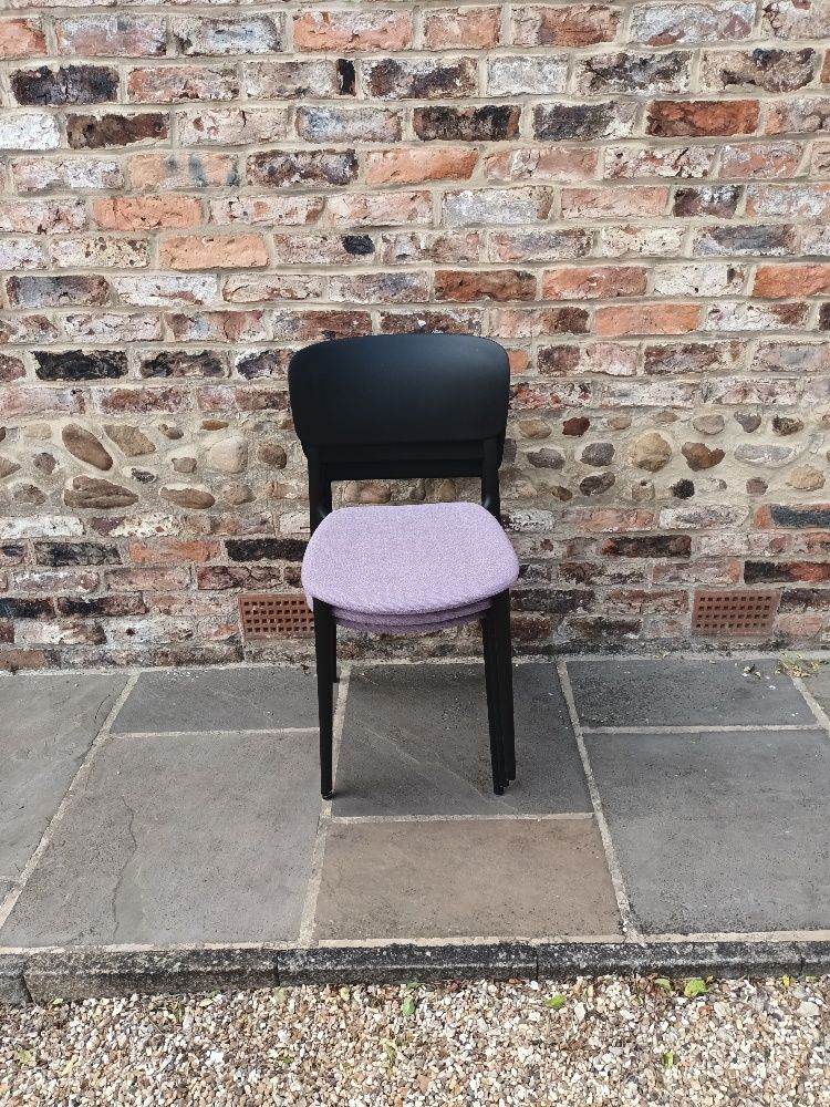 3 black plastic and lilac coloured upholstery chairs