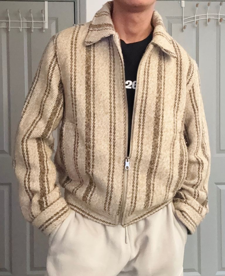ZARA Men's Wool Knitted Striped Bomber Jacket – Beige, Size M