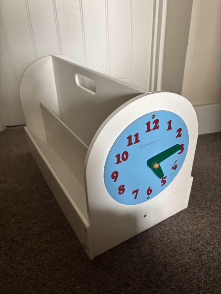 White Wooden Kids Bookcase with Clock Design – Good Condition
