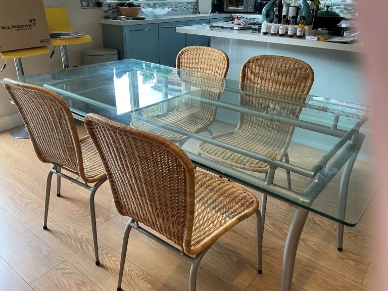 Glass Dining Table with 4 Wicker Chairs – Good Condition, £1.00 for Sale