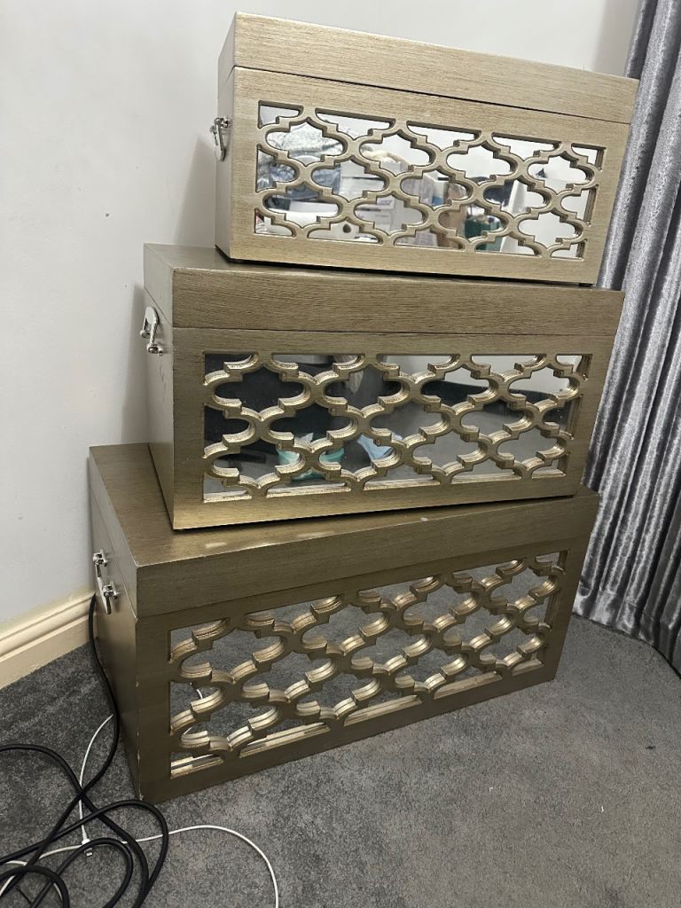 Set of 3 storage chests mirrored lattice front design champagne gold rrp £250