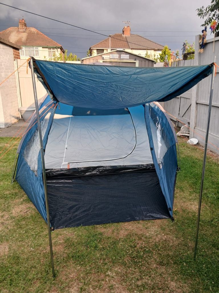 Blue Camping Tent with Awning – Good Condition