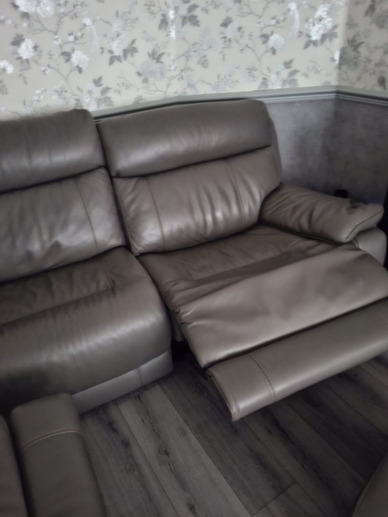 Grey Leather Recliner Sofa and Armchair with Storage Ottoman
