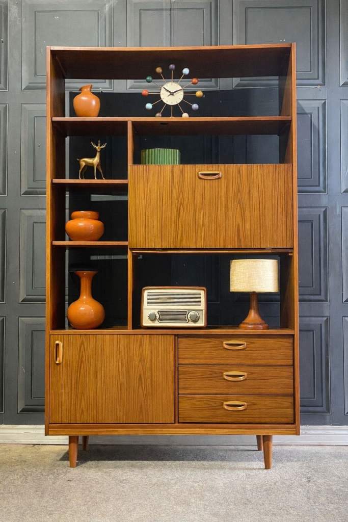 SOLD Vintage SCHREIBER Mid Century Teak Highboy Room Divider Sideboard Shelf Unit 60s 70s