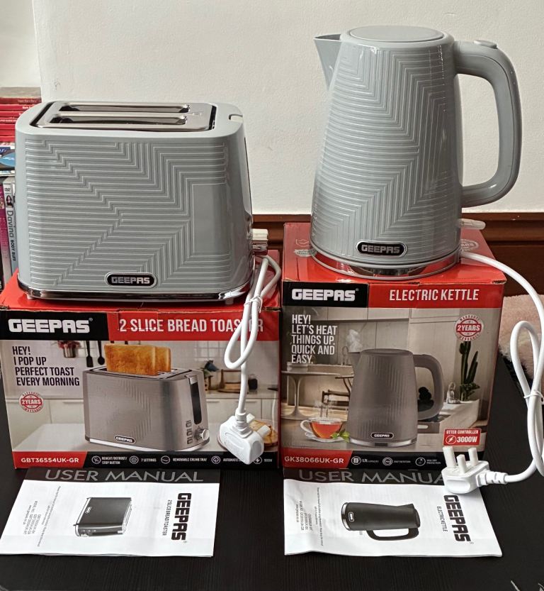 Geepas Grey Kettle and 2-Slice Toaster Set – Brand New