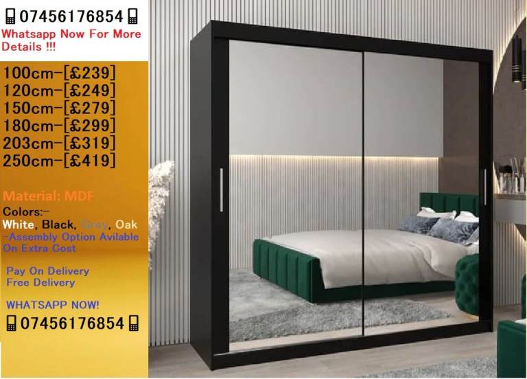 Sliding Mirror Wardrobe  - 2 / 3 Doors Wardrobe, Spacious Storage for Clothes & Accessories.!!