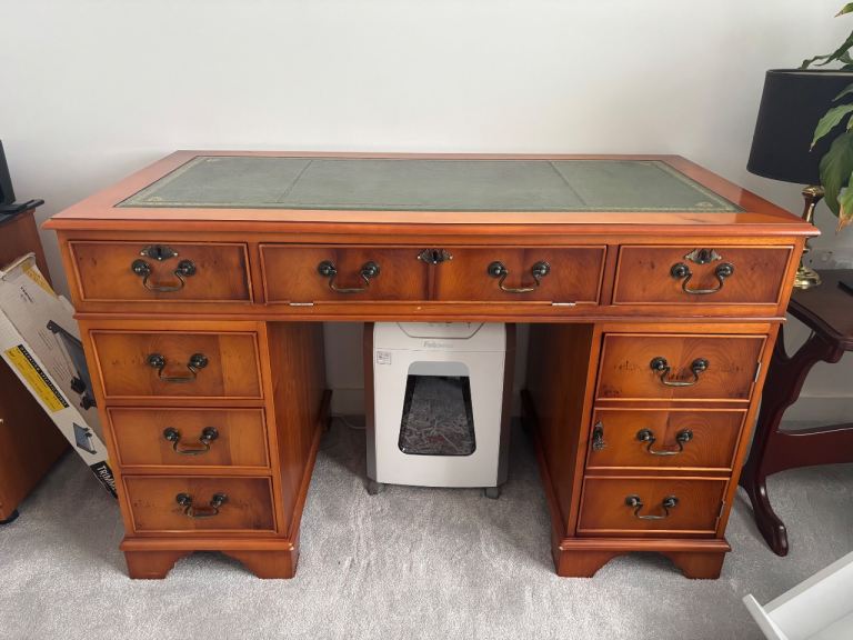 Yew wood leather topped desk and matching unit