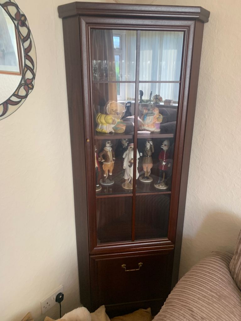 Corner Display Cabinet with Glass Door – Brown Wood, Good Condition