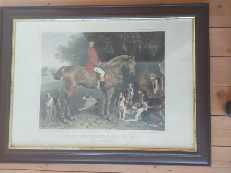 ANTIQUE PICTURE FRAME PRINT LORD HAMILTON & HIS DOGS GOING TO COBBERSIDE HUNTING