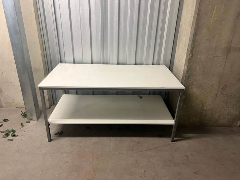White Top Desk with Metal Frame and Storage Shelf