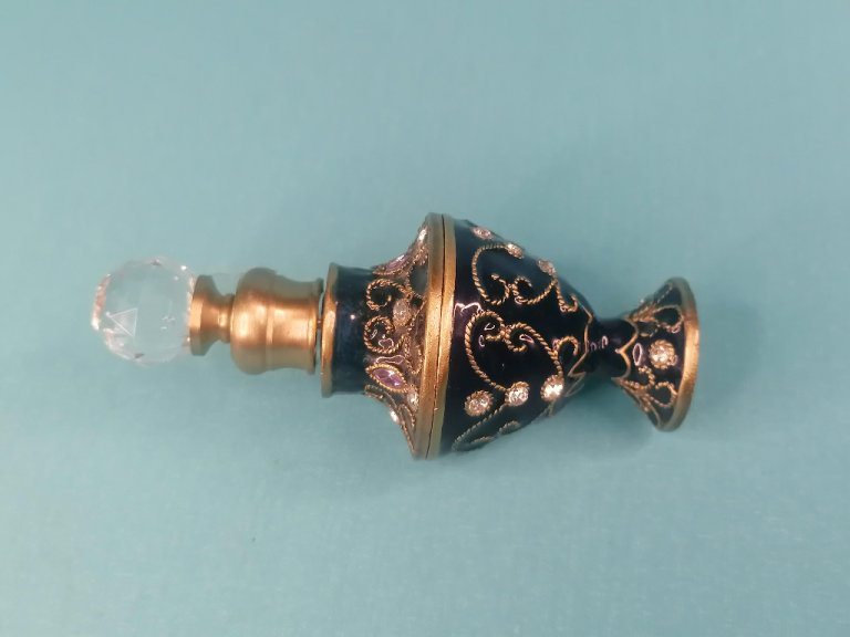 4-inch Vintage Enamel Glass and Crystals Perfume Scent Dressing Table Bottle.