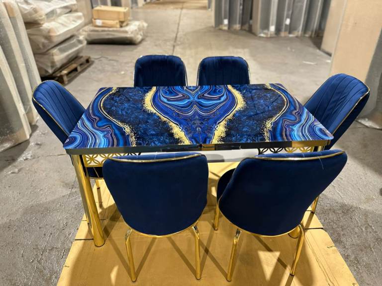 Brand New Extendable Dining Table with 6 Chairs – Blue & Gold | £380
