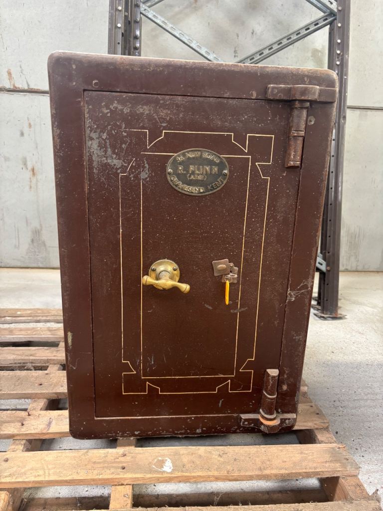 Antique R. Flinn Iron Safe | Vintage Heavy Duty Safe with Key