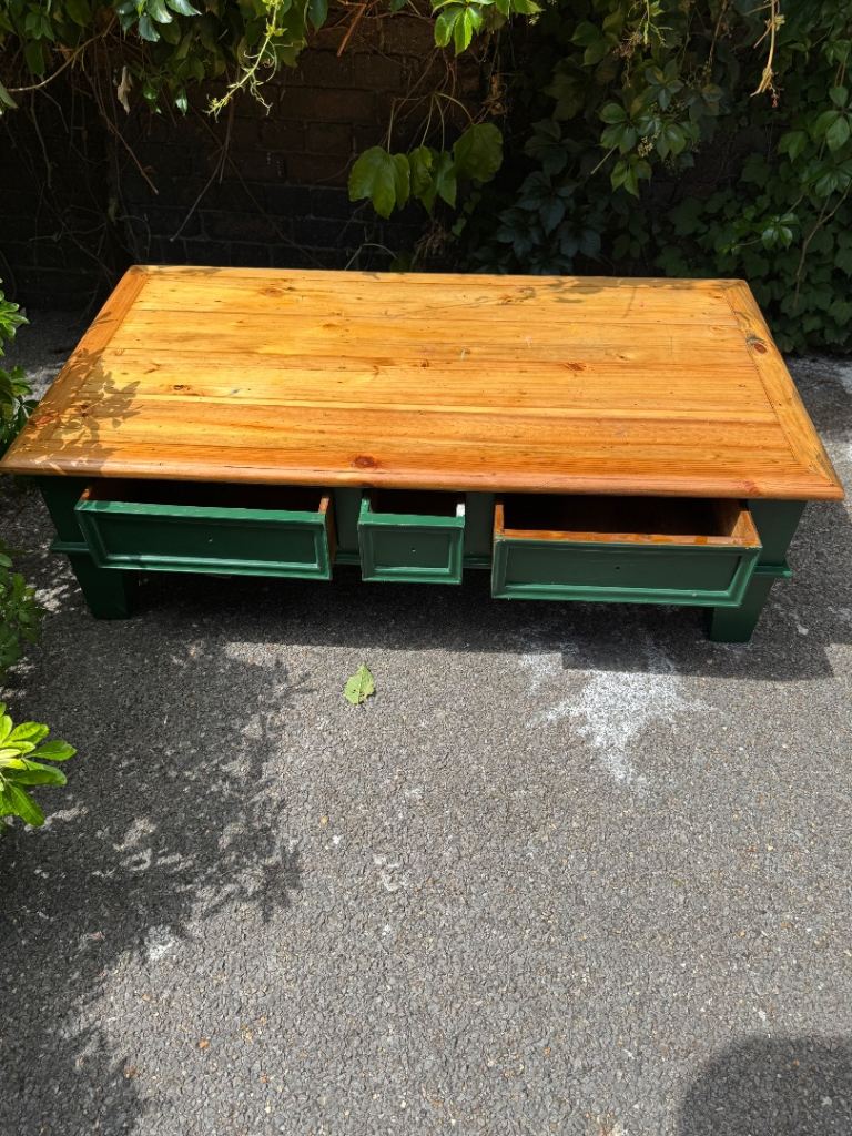 Wooden Coffee Table with Drawers – Green and Natural Wood