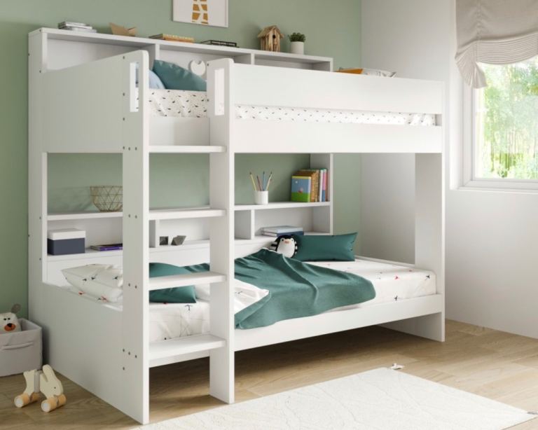 White Bunk Beds with Integrated Shelving – Excellent Condition