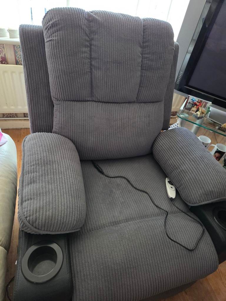 Comfortable Grey Fabric Recliner Armchair with Cupholders, Good Condition