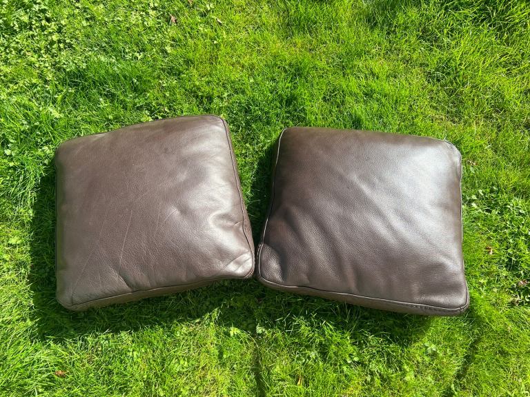 PAIR OF CONTEMPO DARK BROWN LEATHER FEATHER FILLED SOFA CUSHIONS 