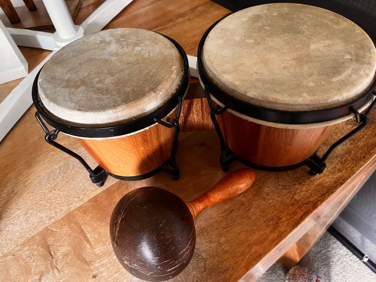 Bongo Drums and Maraca – Good Condition, Wooden