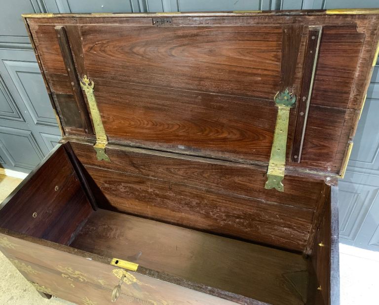 Anglo Indian Antique Style Solido I’m Rosewood & Brass Dowry Chest Blanket Box Storage Trunk