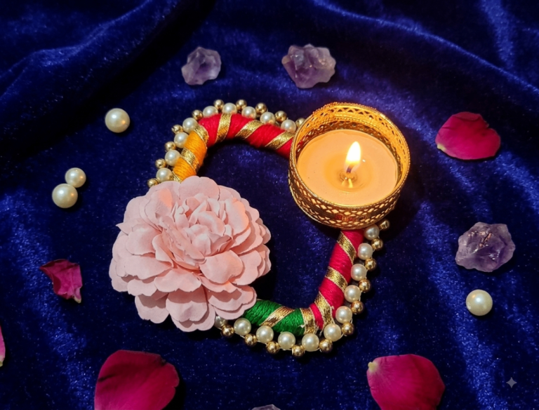 Colourful Decorative Candle Holder with Flower Detail