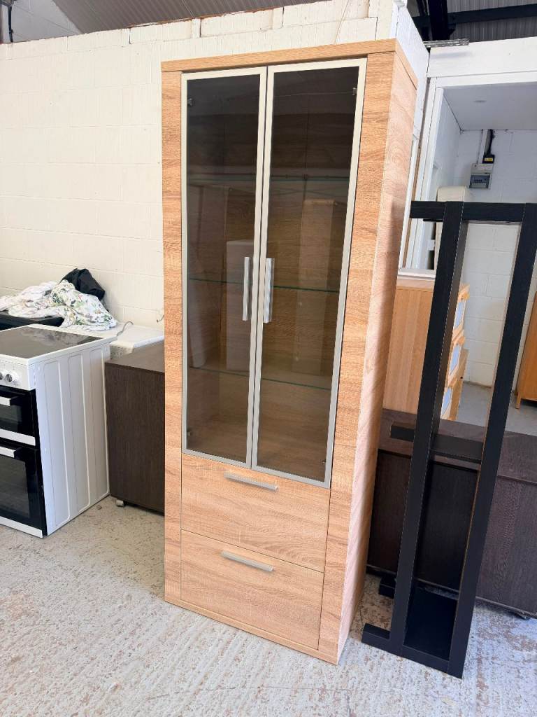 Wooden Display Cabinet with Glass Doors and Drawers