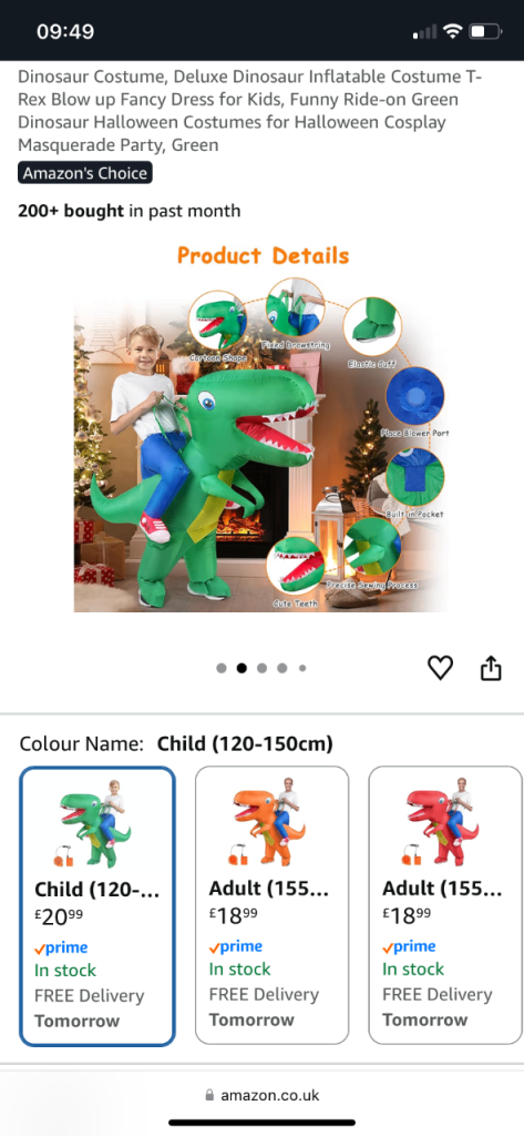 Inflatable dinosaur kids costume 120-150cm