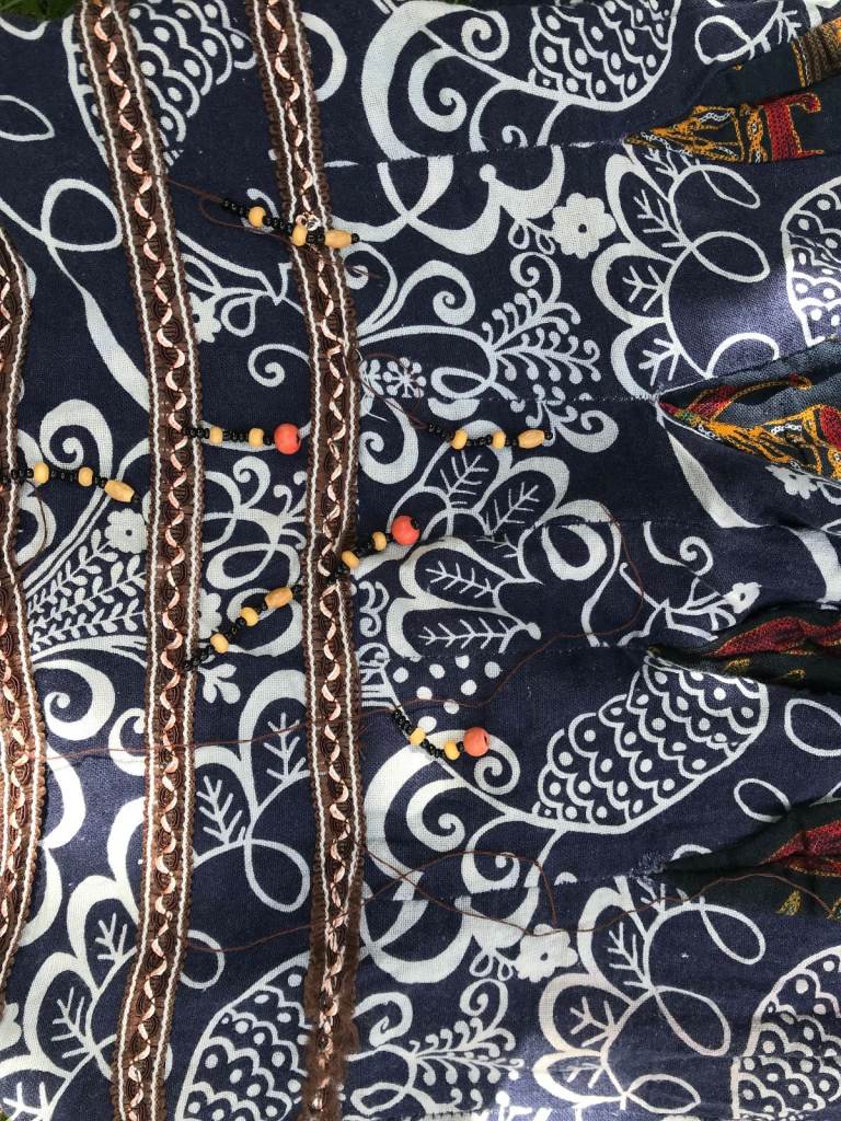 tribal summer trousers, blue/white, beads, floral, small, colourful