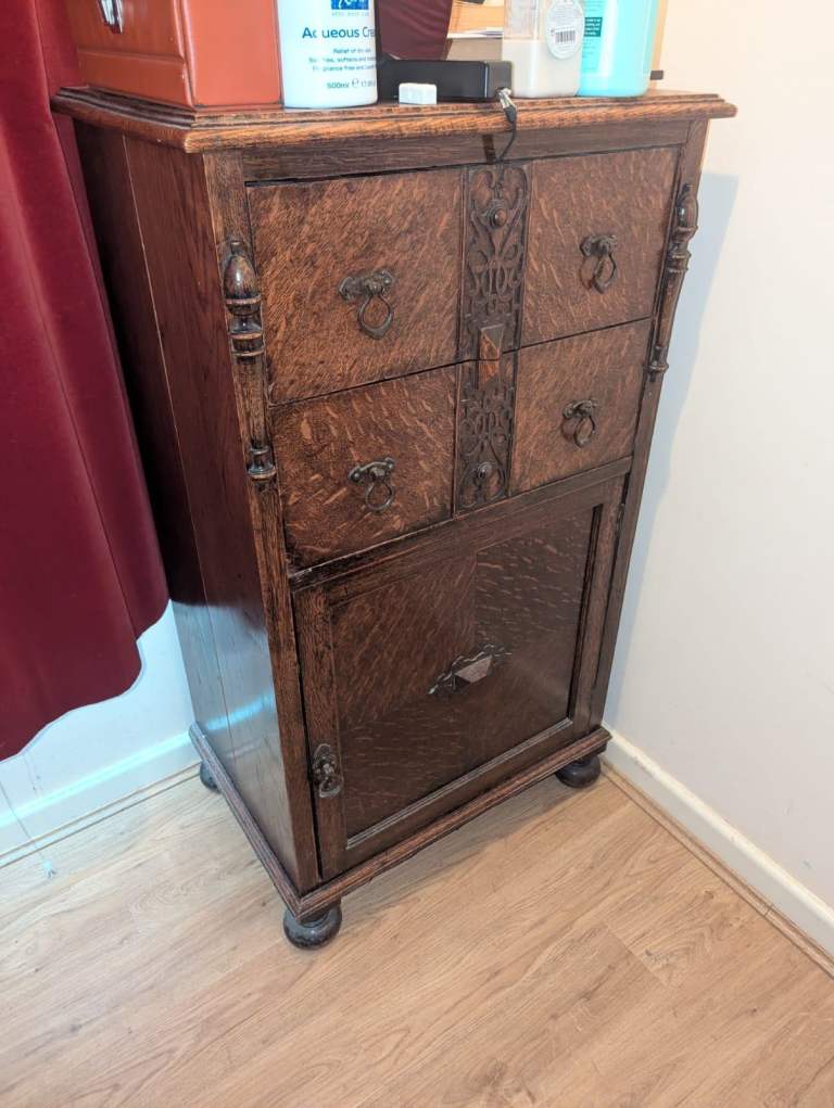 Vintage Wooden Storage Cabinet with Drawers and Cupboard
