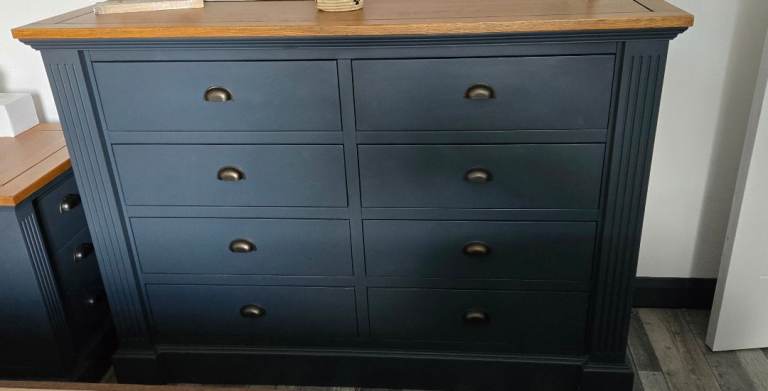 Highgate Rustic Oak and Blue Painted Hardwood Chest and Bedside Tables