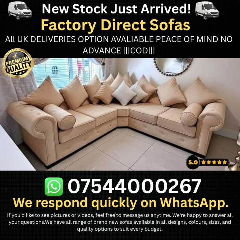 Brand New Crushed Velvet Corner Sofa – beige
