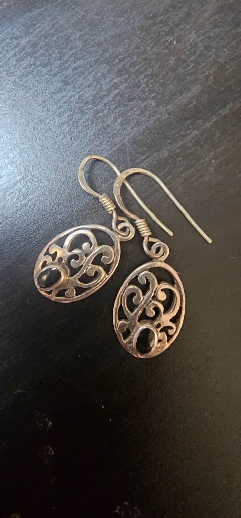 Pair of Silver Filigree Drop Earrings with Black Stones