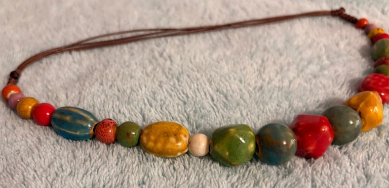 Beaded Necklace with Thin Leather Chain